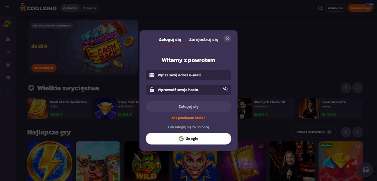 Casino website login modal in Polish showing email and password fields, a “Log in” button, and Google sign-in option over a dark-themed gaming interface.